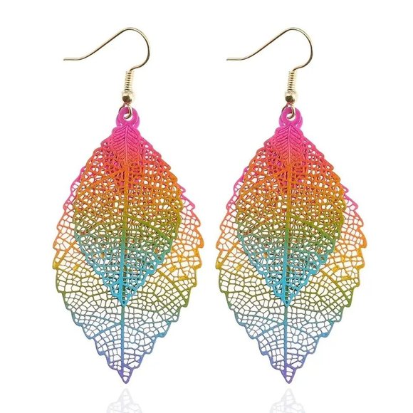 Jewelry - Double Leaf Hollow Drop Earrings Gradient Neon Colors OS New